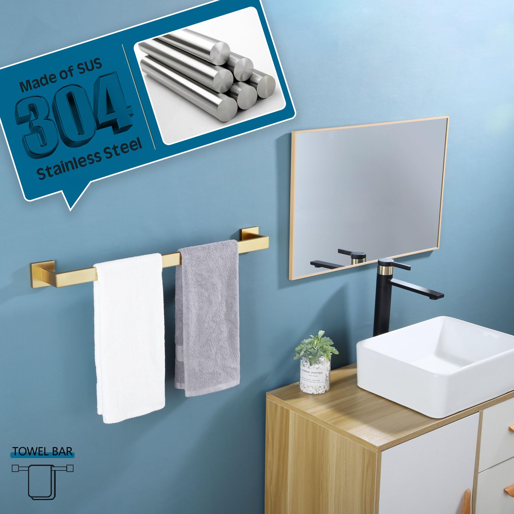 KOKOSIRI Toallero individual de 61 cm, soporte para toallas de baño y paños de cocina, toallero de pared de acero inoxidable SUS304, dorado cepillado, B4003BG-L24