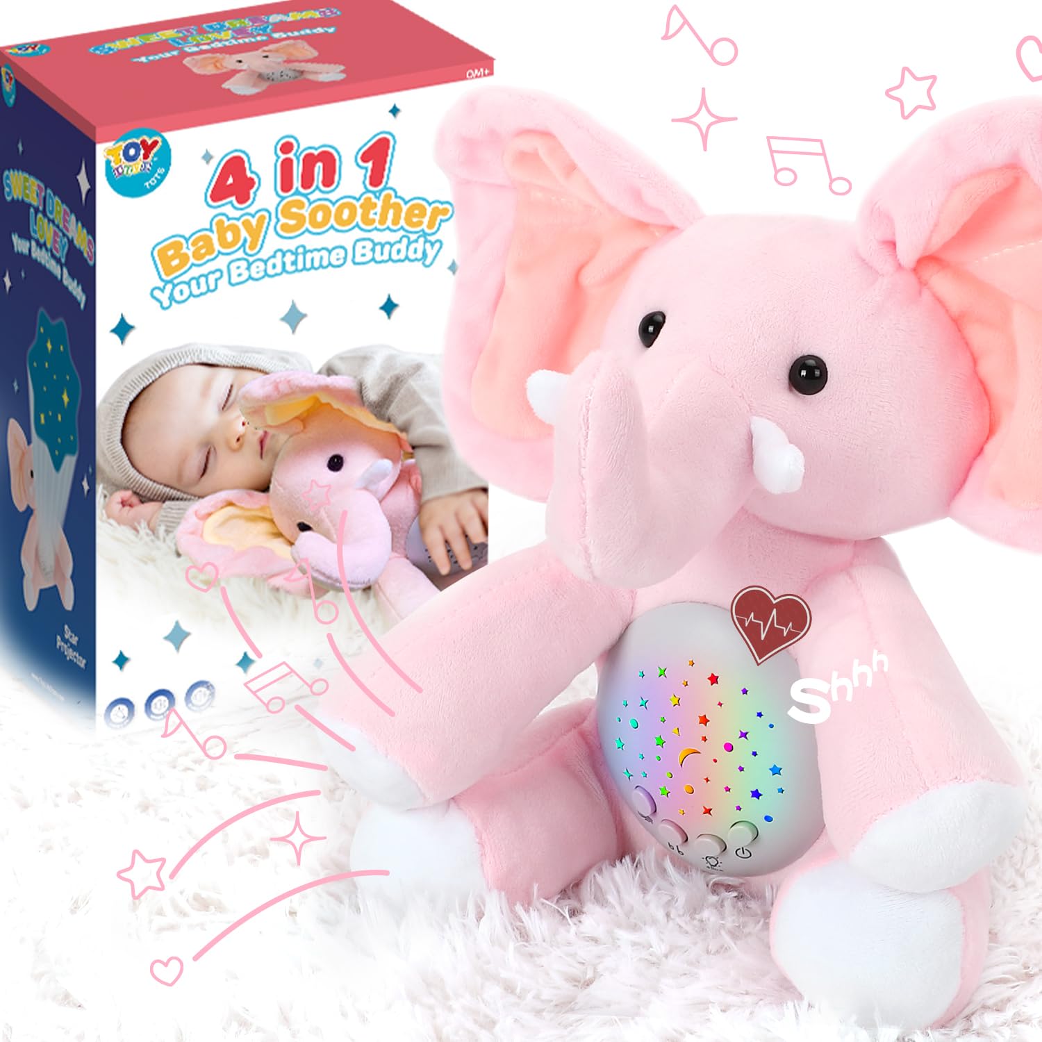 TOY Life Baby Soothers Newborns Portable White Noise Soothers for Sleep Crib Soother Elephant Infant Soother with Night Light Stuffed Animal with Lullabies Heartbeat Cry Activated Baby Soother Toys