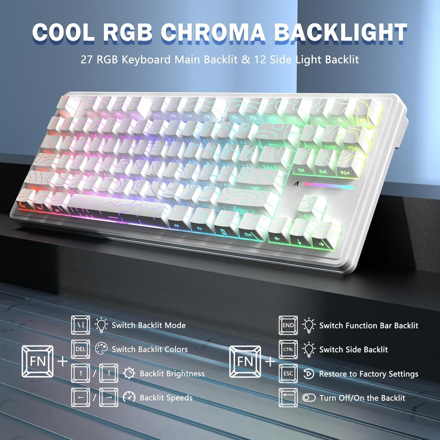 ATTACK SHARK M87 PRO Wireless Mechanical Gaming Keyboard,Hot Swappable Gasket RGB Custom Keyboard,Linear Switch&Side Printed PBT Keycaps,BT5.0/2.4Ghz/Type-C,5000mAh Battery for Win Mac(White Contour)