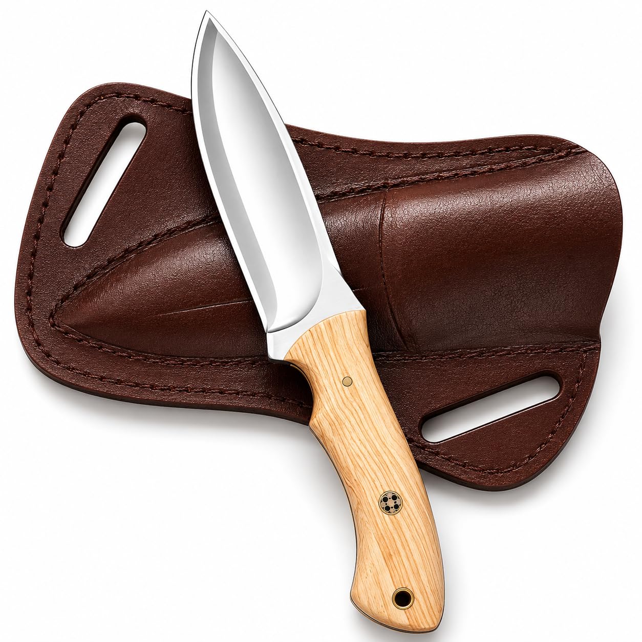 Handgeschmiedetes Jagdmesser mit Lederscheide, Bushcraft Messer feststehend aus 1095 Carbonstahl, Outdoor Survival Messer mit Olivenholzgriff, Camping Messer, Fahrtenmesser, EDC Messer für Jagd