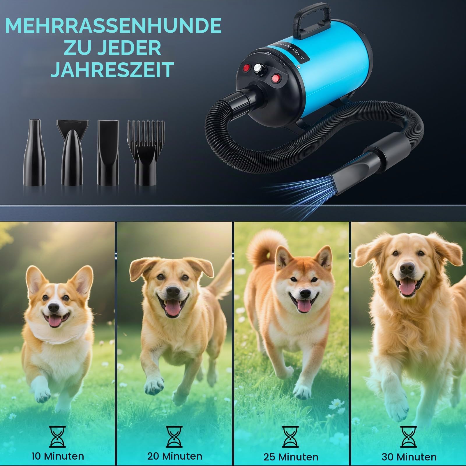 Hundefön Hundetrockner, Hundefön Blower 3800W/4,5 PS, Profi Tierhaartrockner für die Fellpflege, Stufenlose Geschwindigkeitsregelung, Geräuscharm, mit 4 Verschiedenen Düsen Elastischem Schlauch