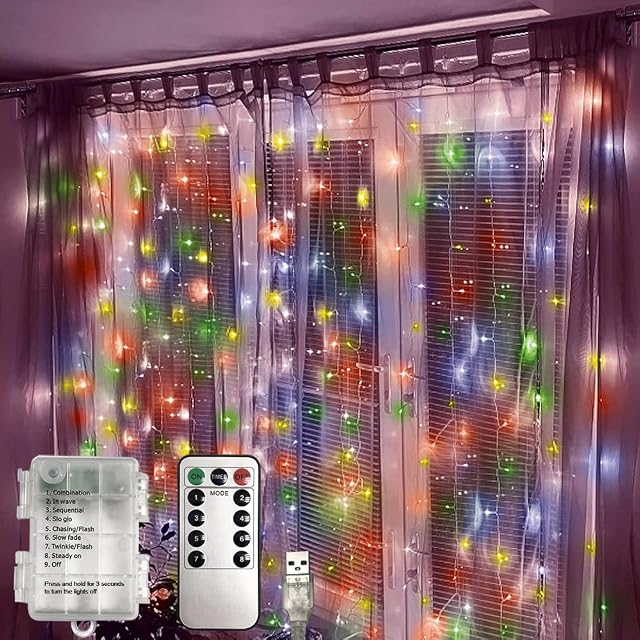 ANSIO Curtain Lights Indoor Battery Operated 3m x 3m with 300 LED Christmas Fairy Lights 8 Modes/Timer/Remote/USB Outdoor Hanging Lights for Window, Bedroom Wall, Garden, Party Decorations Multicolour