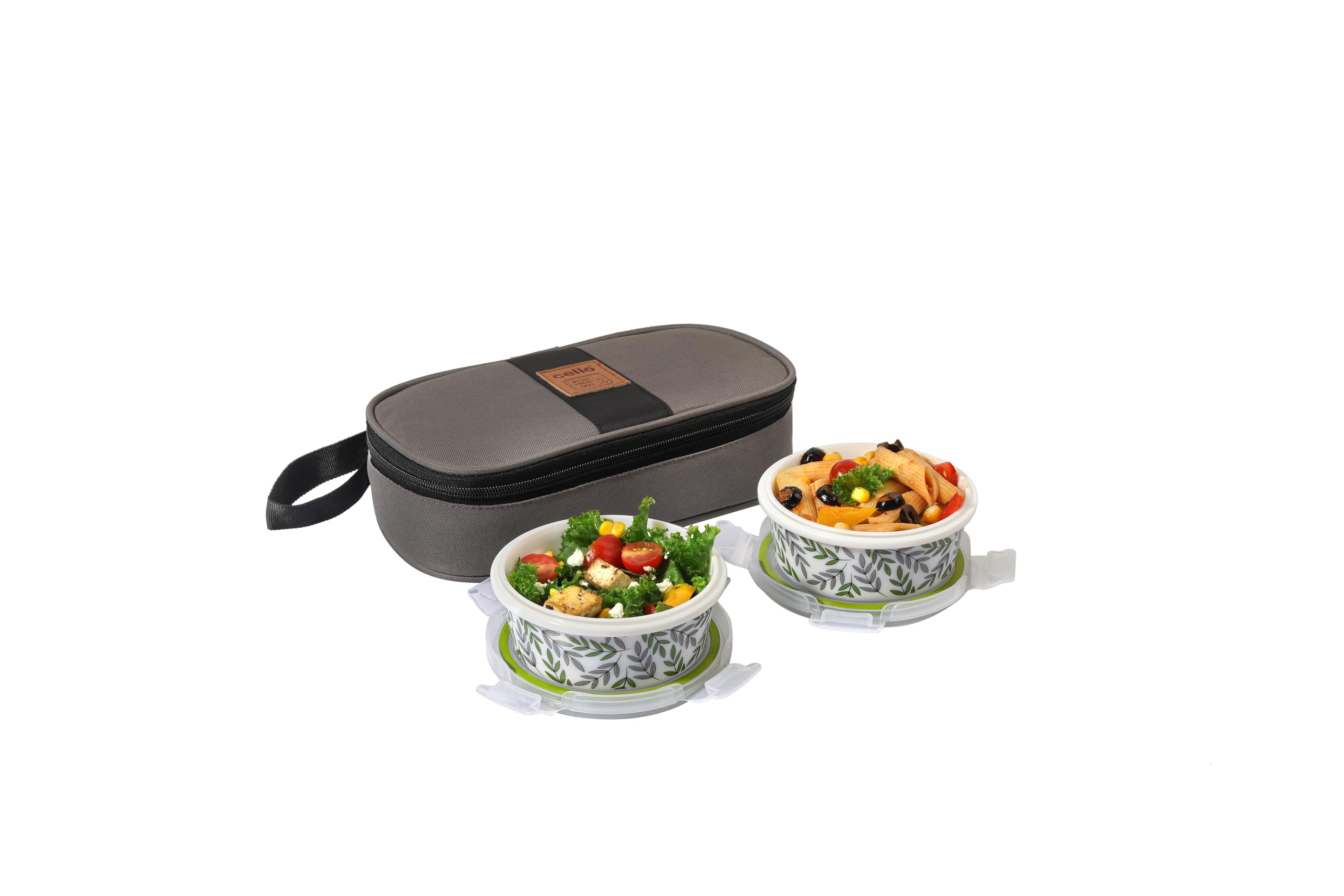 CELLO Opalware Green Fall Lunch Box with Jacket | Leak-Proof & Thermal Resistant | Microwave Safe & Dishwasher Safe | 2 Container with Lid 300ml Each | Set of 2