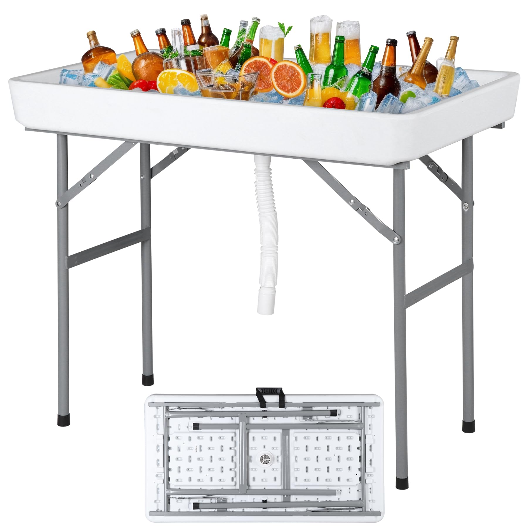 HomGarden Ice Cooler Folding Table with Removable Matching Skirt & Drain Hose, Ice Table for Food Beverage Cooling Indoor Outdoor Wedding Party