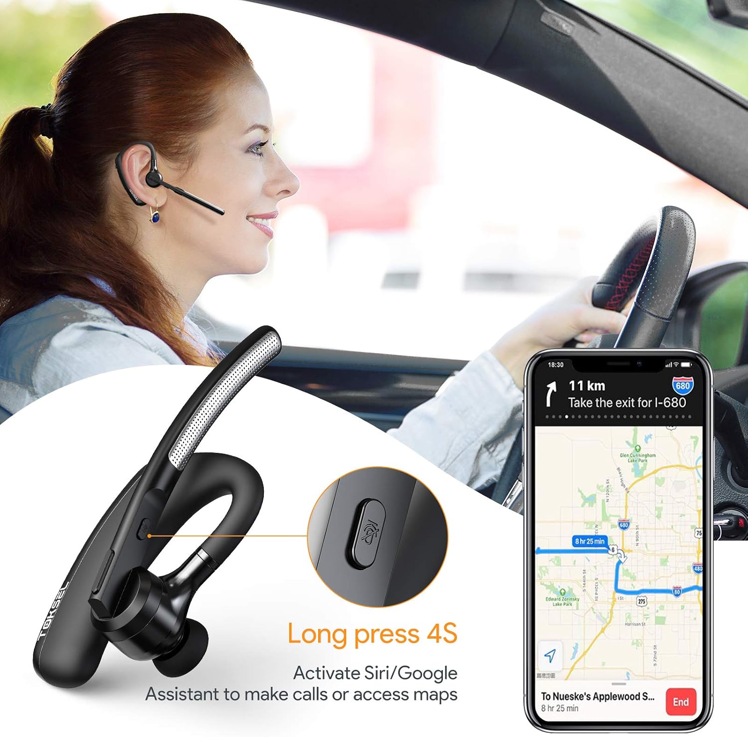 Bluetooth Headset,TOKSEL aptX HD Bluetooth Earpiece 24 Hrs Talktime with CVC8.0 Dual Mic Noise Cancelling Hands-Free Wireless Earphones for Business Driving Office Home Compatible with Cell Phones PC