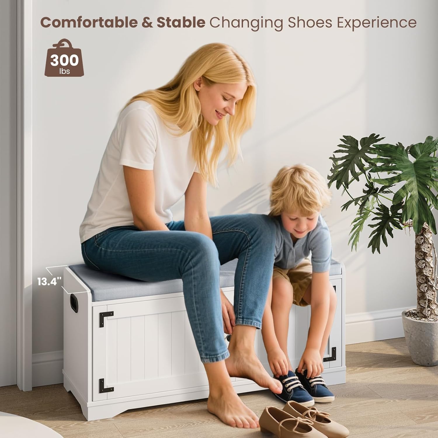 2-Tier Shoe Storage Bench, 39.4" W Shoe Bench with Padded Seat Cushion, Entryway Bench with Handles, 2 Doors, Adjustable Shelf for Living Room, Bedroom, Front Door, Hallway, Closet - White