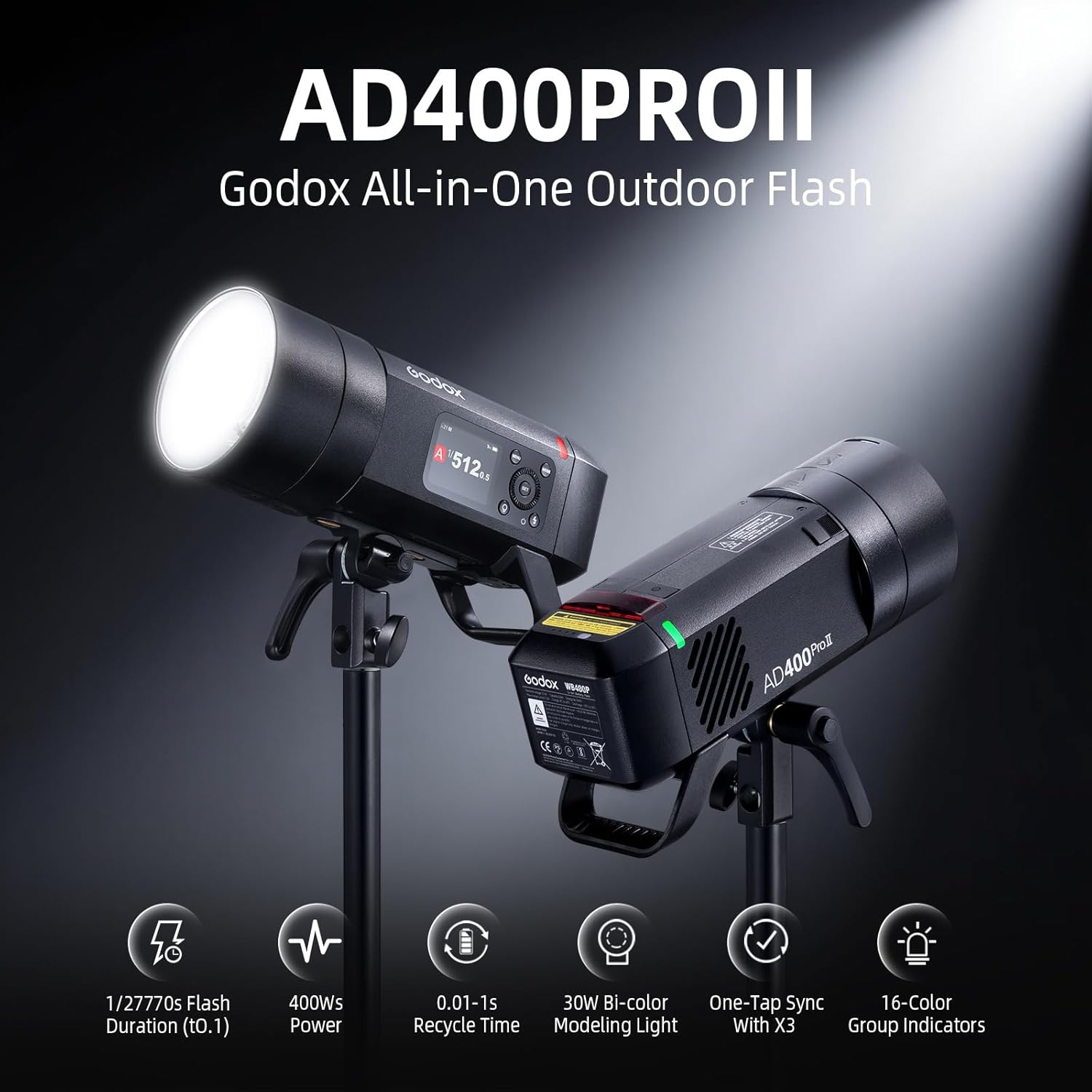 Godox AD400 Pro II AD400Pro II Outdoor Flash Strobe, 400Ws 2.4G TTL 1/8000 HSS Monolight, 0.01-1s Recycle, 30W Modeling Lamp, GODOX AD400ProII AD 400 Pro II with Rechargeable Battery & Bowens Mount