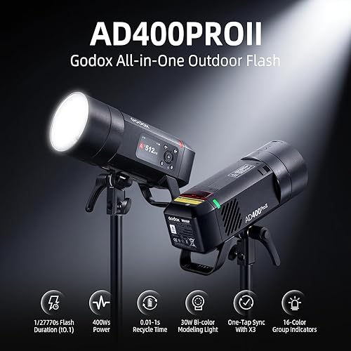 Miniatura 2 de Godox AD400 Pro II AD400Pro II Flash para Exteriores, 400Ws 2.4G TTL 1/8000 HSS Monolight, 0.01-1s Tiempo de Reciclaje, Lámpara de Modelado de 30W