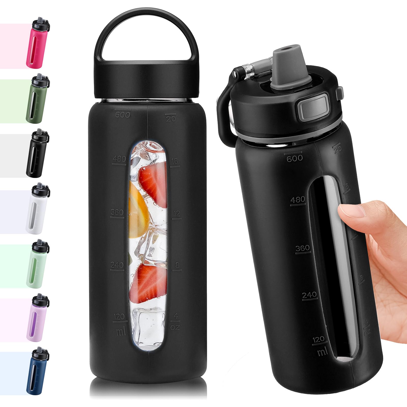 BLUEGO 600ml Glas Wasserflasche mit 2 Deckeln- One-Touch Verschlussdeckel und Griffdeckel Wiederverwendbare Trinkflasche mit Zeitskala für Reisen Zuhause Fitnessstudio Sport BPA-frei, Schwarz