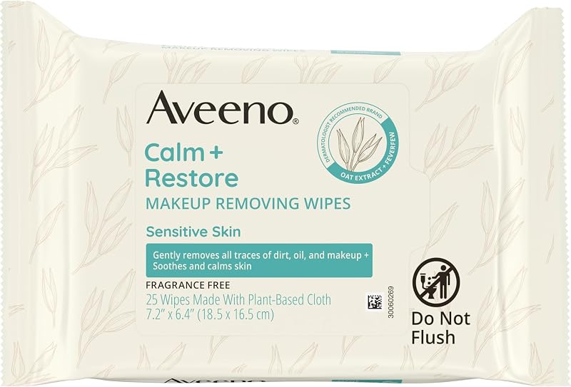 Aveeno Calm + Restore Lenços Faciais Demaquilantes sem Fragrância com Extrato de Aveia e Feverfew, Pacote com 6