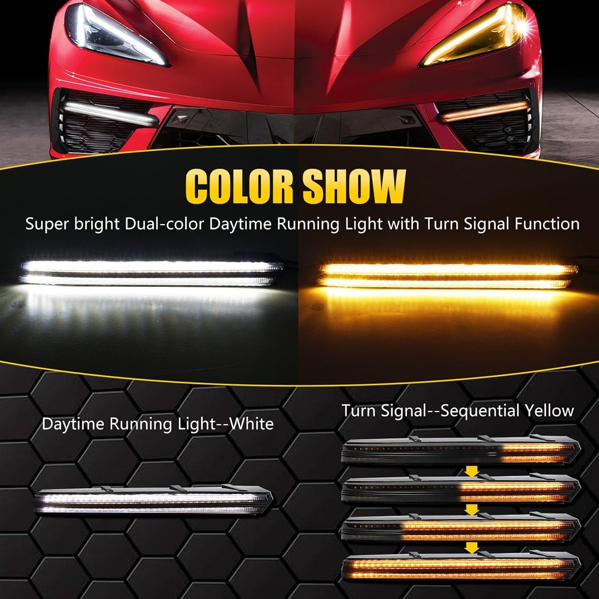 LED Grille Bezel Light Bars,Front Grille Bezel LED Daytime Running Turn Signal Lights w/Side Panels Sequential Accent Light Assemblies for Corvette C8 Stingray Z51 2020-2025