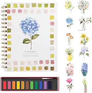 Watercolor workbook,Beginner Watercolor workbook,16-Page Spiral-Bound Water Painting Book,Contains 12 Colors of Paint and a Brush(Flowers)