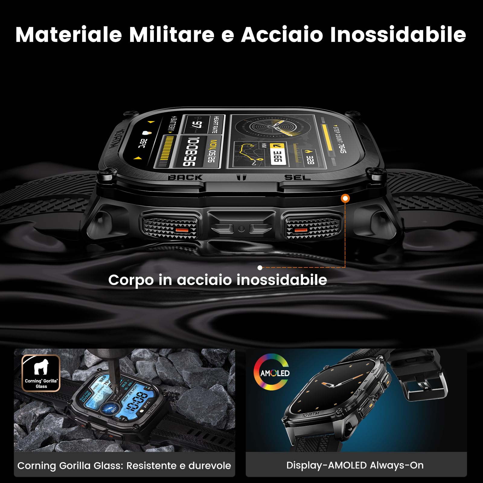 KOSPET Tank M4 Smartwatch Uomo, Acciaio Inox Completo,GPS a 6 Satelliti & Mappe Offline,10ATM Subacqueo 45m,Batteria 50 Giorni,Chiamate Bluetooth, Monitor Salute 24/7,1.96" AMOLED,Android & iOS(Nero)