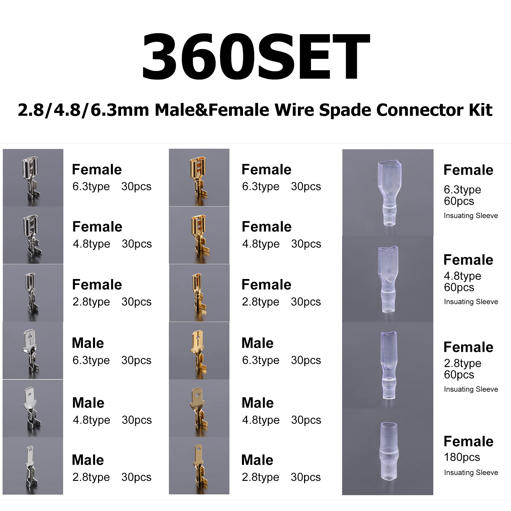 Kabelschuh-Crimper-Set, Flytuo Selbstverstellende automatische Ratschen-Kabelschuh-Zange AWG 24-16 (0,25-2,5 mm²) mit 720PCS männlichen und weiblichen Flachsteckern und isolierten Hülsen