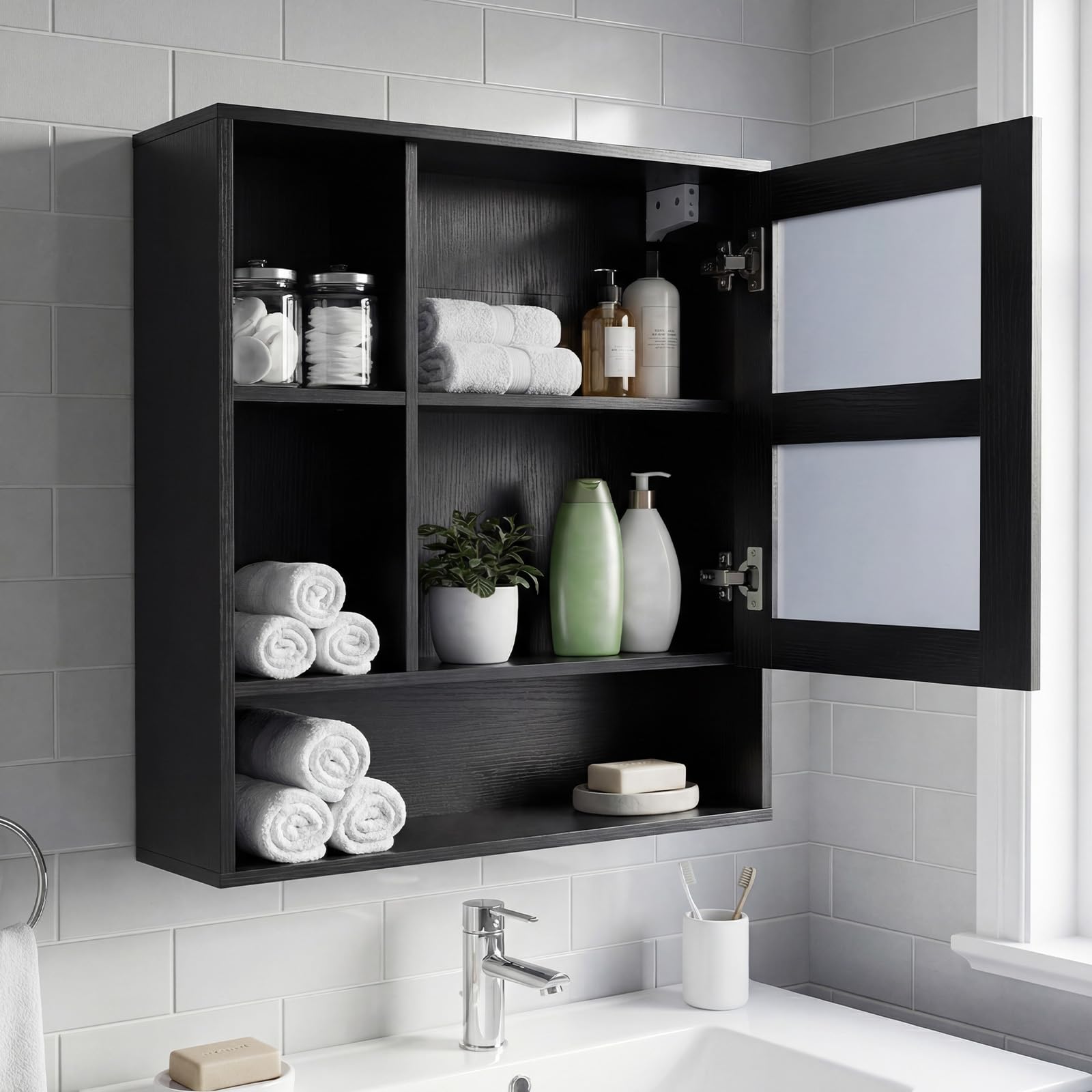 COSTWAY Spiegelschrank, Badezimmerschrank mit Spiegeltür & 3 offenen Regalen, Hängeschrank, Aufbewahrungsschrank, Wandschrank für Waschküche, Badzimmer & Flur, 56 x 16 x 61 cm (Schwarz)