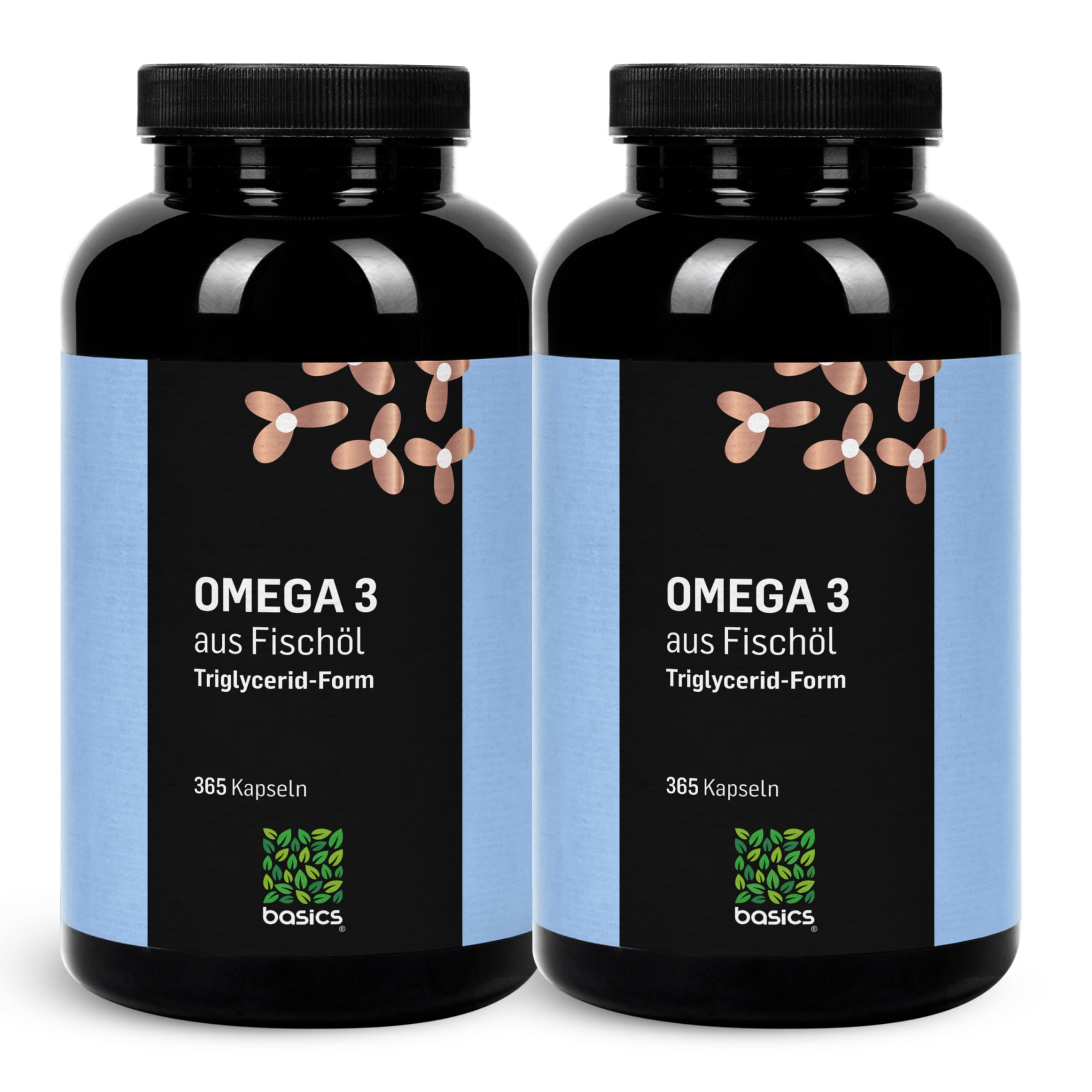 basics Omega 3 Kapseln mit 2000 mg Fischöl pro Tagesdosis und Vitamin E - 18:12 EPA & DHA in Triglyceridform - Hohe Bioverfügbarkeit - 2er Pack, je 365 Stück für 6 Monate
