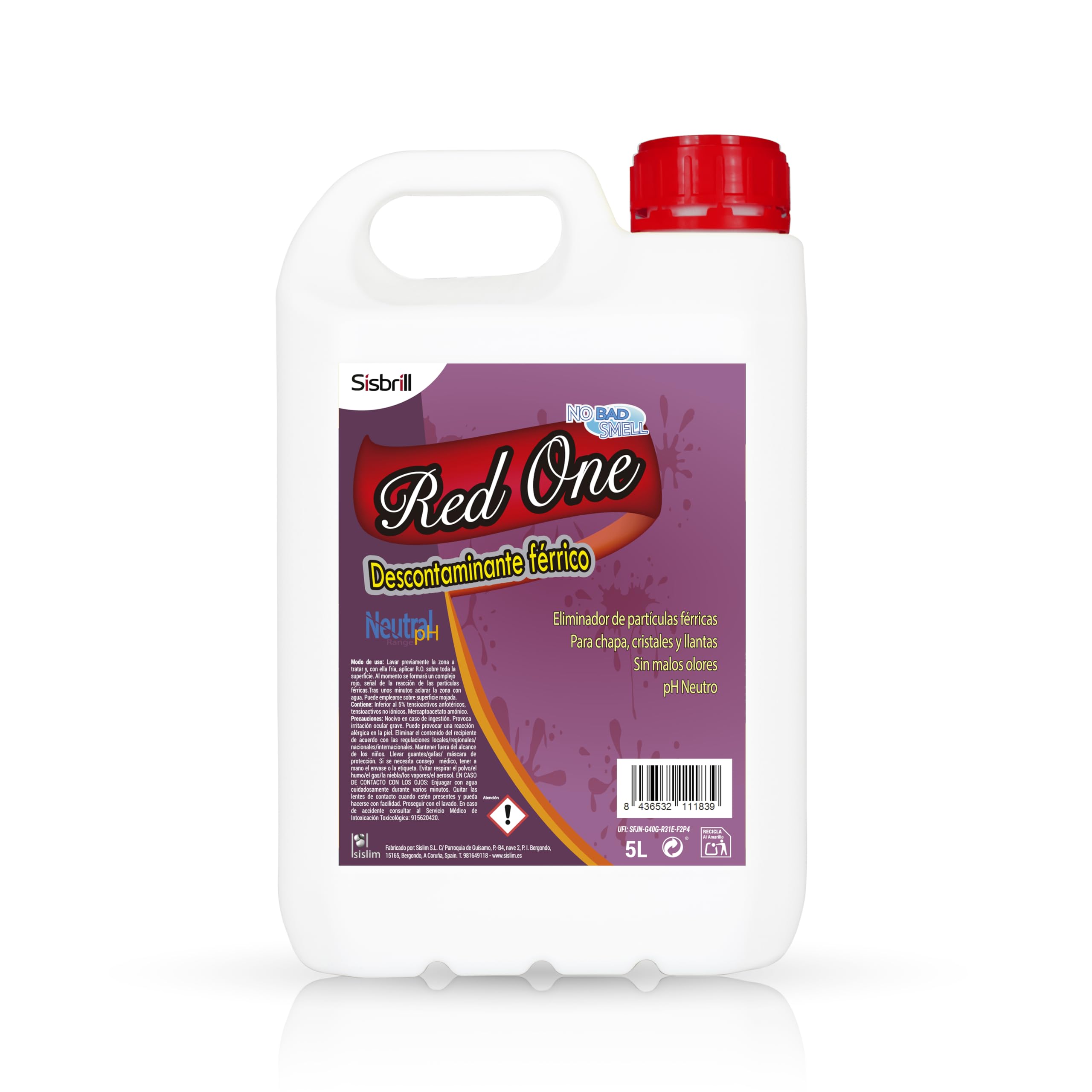 Sisbrill Red One Descontaminante Férrico Coche y Moto – Limpia Llantas e Iron Remover sin Mal Olor – Elimina Ferodo, Óxido y Partículas Metálicas – pH Neutro Seguro para Pintura (5 Litros) | Descontaminante férrico para eliminar ferodo y partículas metáli