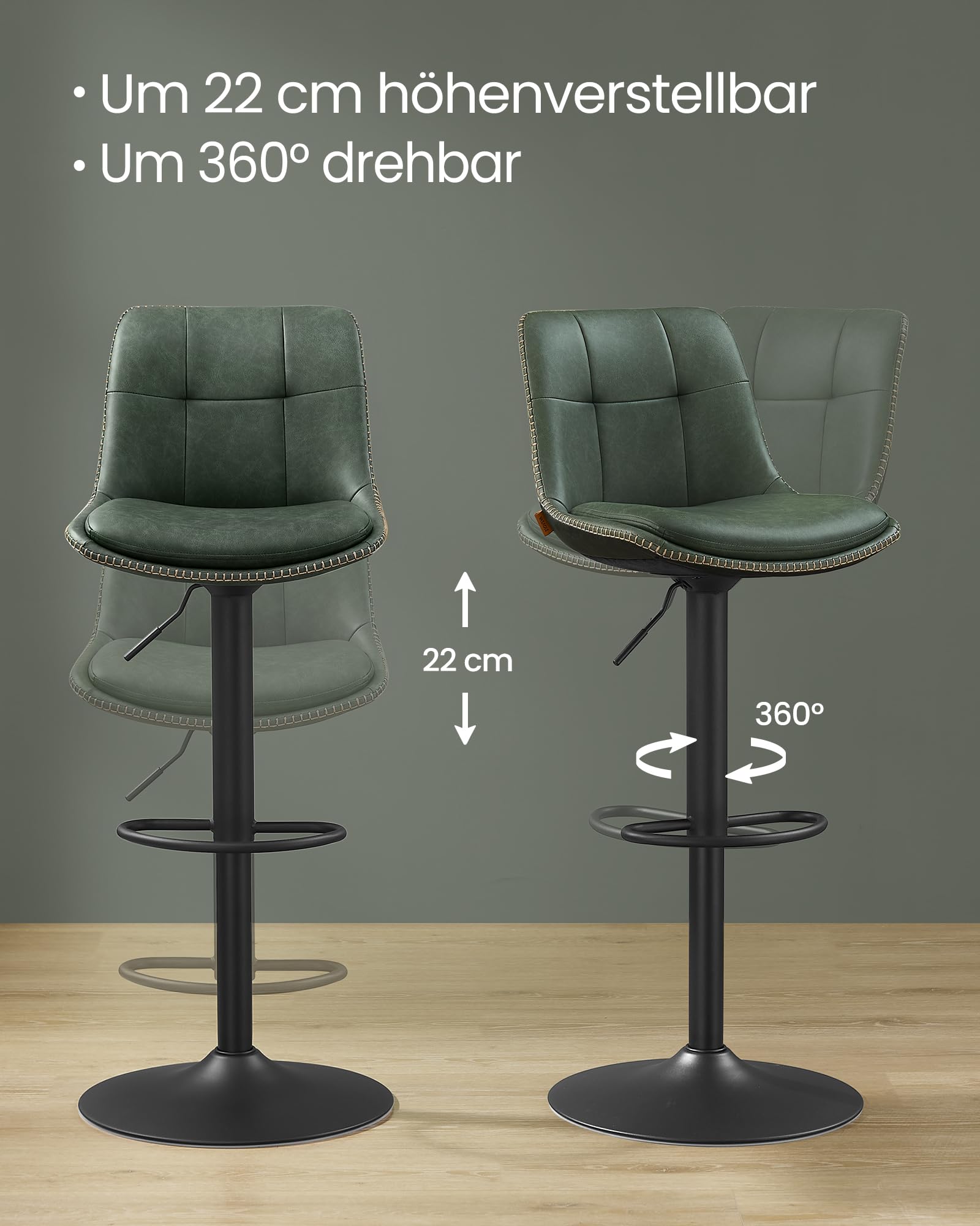 VASAGLE Barhocker 4er Set, Barstühle höhenverstellbar, drehbare Küchenhocker, gesteppter PU-Bezug, mit Rückenlehne und Fußstütze, Esszimmer, Theke, Stahl, waldgrün LJB295C01