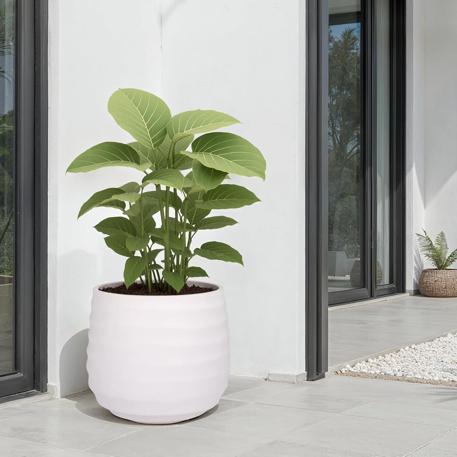 SAFAVIEH Outdoor Patio Furniture Collection - Marta White Ficonstone Planter Pot, Modern Round Plant Container, Fully Assembled (PAT1542C)