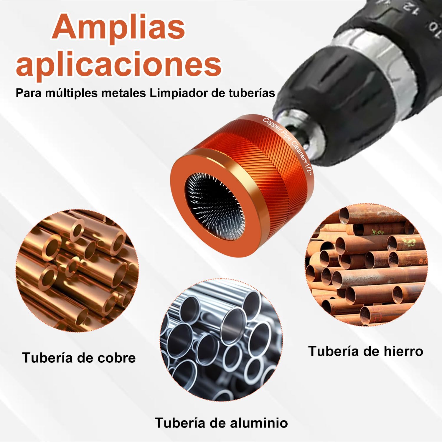 Juego de Cepillos para Tubos Metálicos de Cobre de 15 mm y 22 mm con Cabezales Reemplazables, Suciedad y Pintura de Tubos de Cobre y Metálicos de Varios Tipos