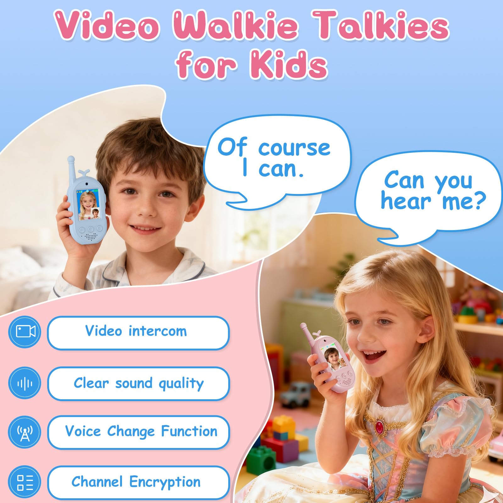 Vídeo Walkie Talkies para Niños, Walkie Talkies Recargables con Videollamada, Largo Alcance 400m, Juguetes Cumpleaños para Niños y Niñas de 3 a 12 Años(Set de 2)