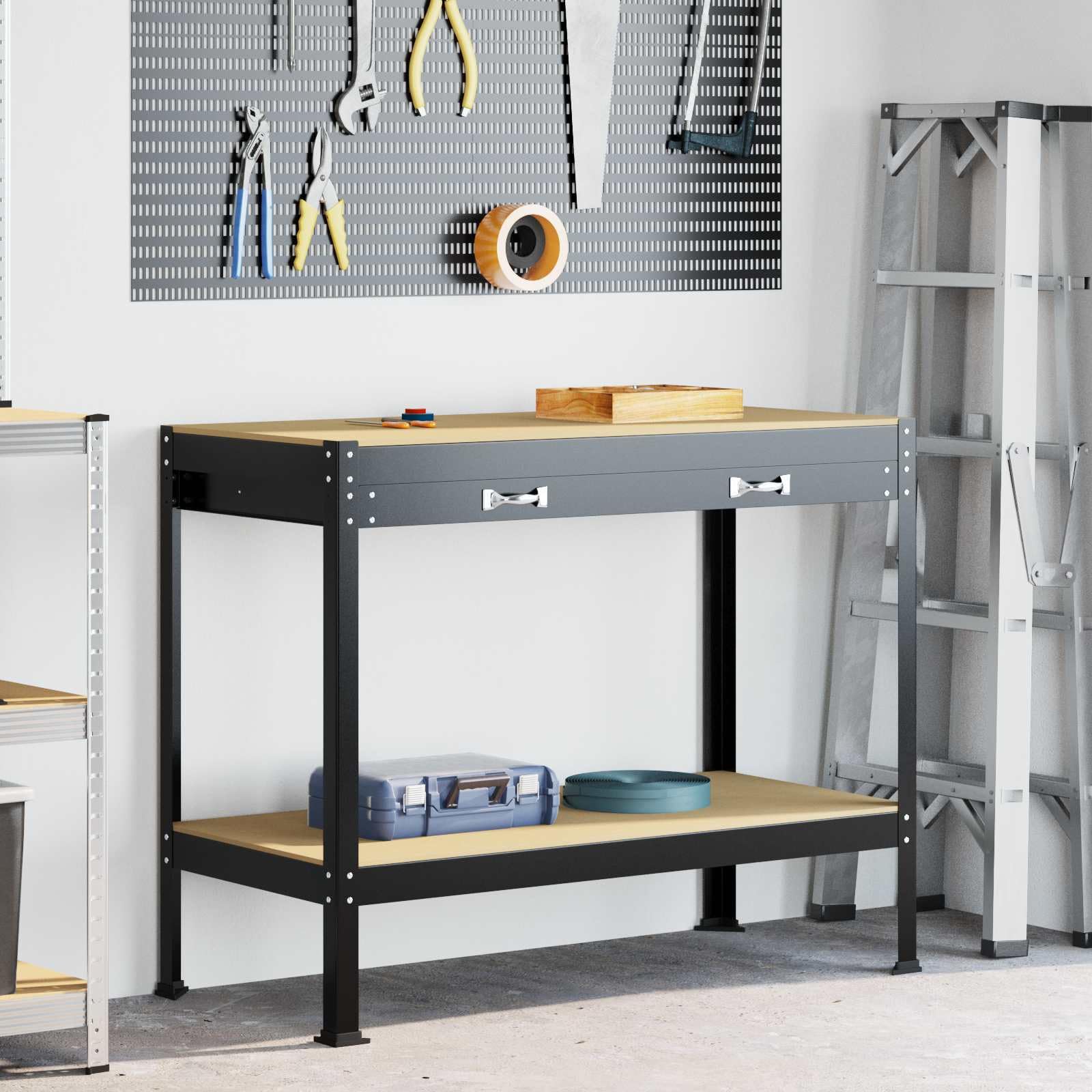 Banco de trabajo negro 114 x 54 x 91 cm de madera contrachapada y metal con cajón, pared perforada y estantes para taller, garaje y sala de ocio