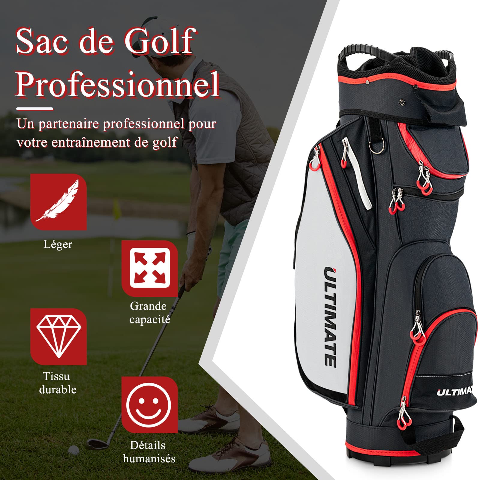 GYMAX Sac pour Chariot de Golf, Grande Capacité avec 14 Compartiments, 8 Poches, Sac pour Golf avec Capuchon de Pluie, Bandoulière