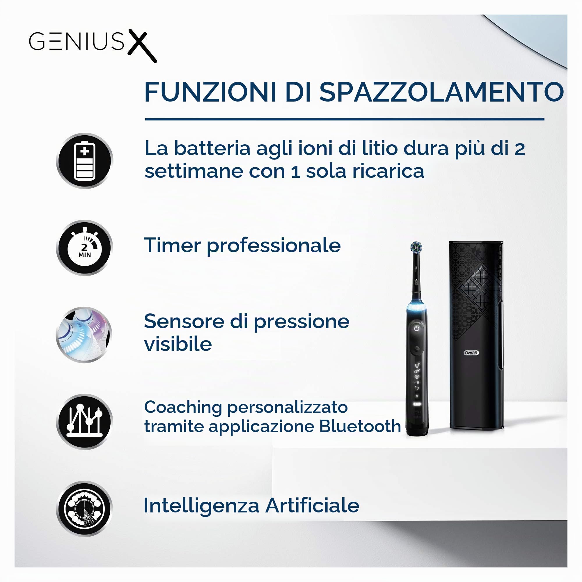 Oral-B Genius X Luxe Edition Spazzolino Elettrico Ricaricabile, 1 Spazzolino Nero con Intelligenza Artificiale, 4 Testine di Ricambio, 1 Custodia da Viaggio con Caricatore