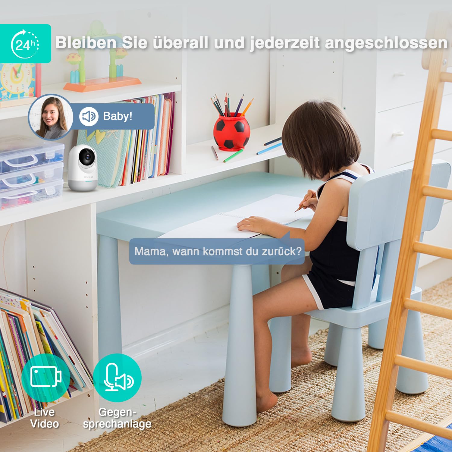 BOTSLAB Kamera monitorująca 2K do wnętrz, elektroniczna niania z kamerą, 360°, Wi-Fi, monitorowanie z wykrywaniem ruchu i wykrywaniem hałasu, 2-drożne audio, widoczność w nocy, kompatybilna z Alexa,