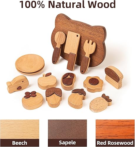 Miniatura 7 de Juego de comida de madera para jugar, juguete de cocina Montessori de 17 piezas con tabla de cortar y frutas  Comida de juego de simulación para la