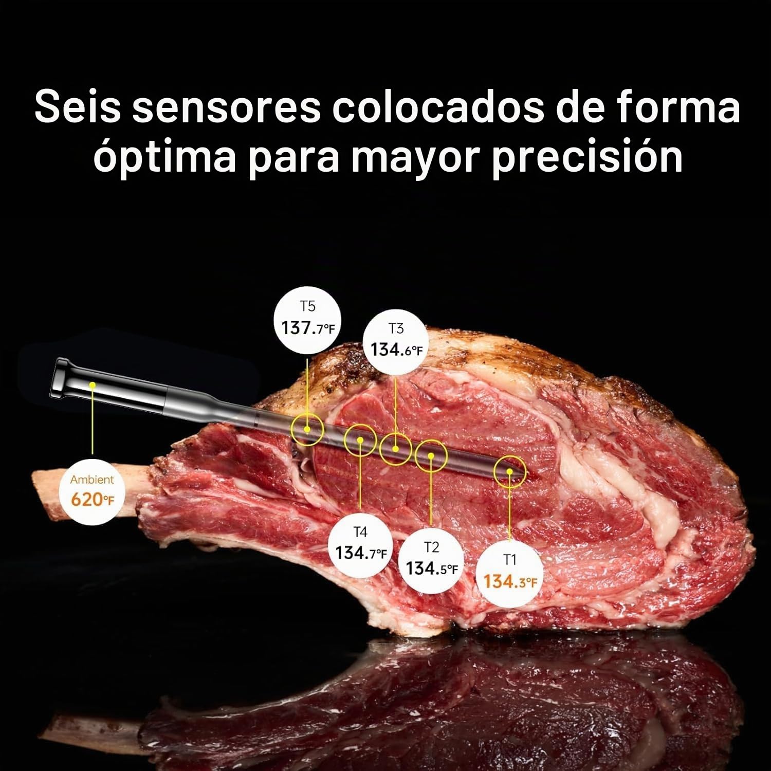 Typhur Sync Gold Termómetro Inteligente para Carne Inalámbrico con 2 Sondas | Señal Sub-1GHz 10x, 6 Sensores por Sonda, NIST ±0,3 °C, IPX8, Base de Aluminio y App con IA para BBQ, Horno, Ahumado