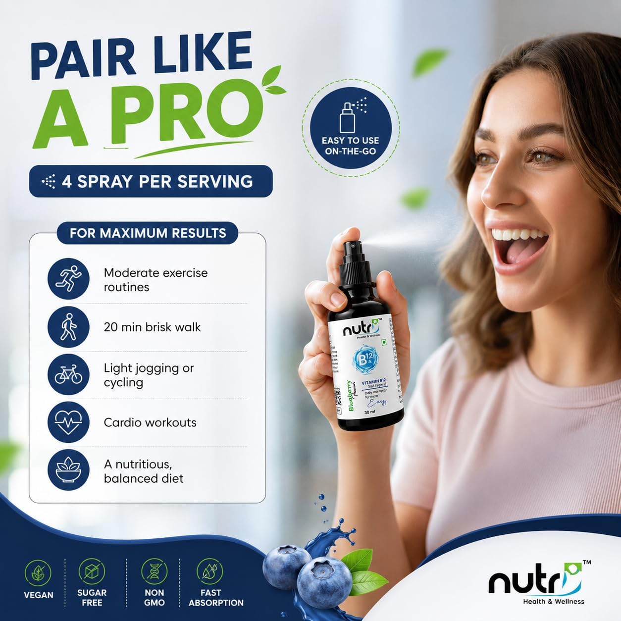 Nutri Health & Wellness Vitamin B12 Oral Spray Combo Pack of 2 | Methylcobalamin & Biotin | Blueberry Flavour | Sugar Free | 100% Vegetarian | Daily Wellness Supplement | 30 ml Each — Amazon image 7