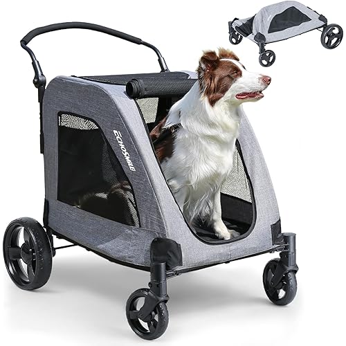 EchoSmile XL Extra Large Dog Stroller - Adjustable Handles,Lightweight Folding Pet Stroller,All-Terrain 4 Wheel for 2 Medium Dogs,Dual Entry Safety Dog Stroller,Capacity 160 lbs,Gray