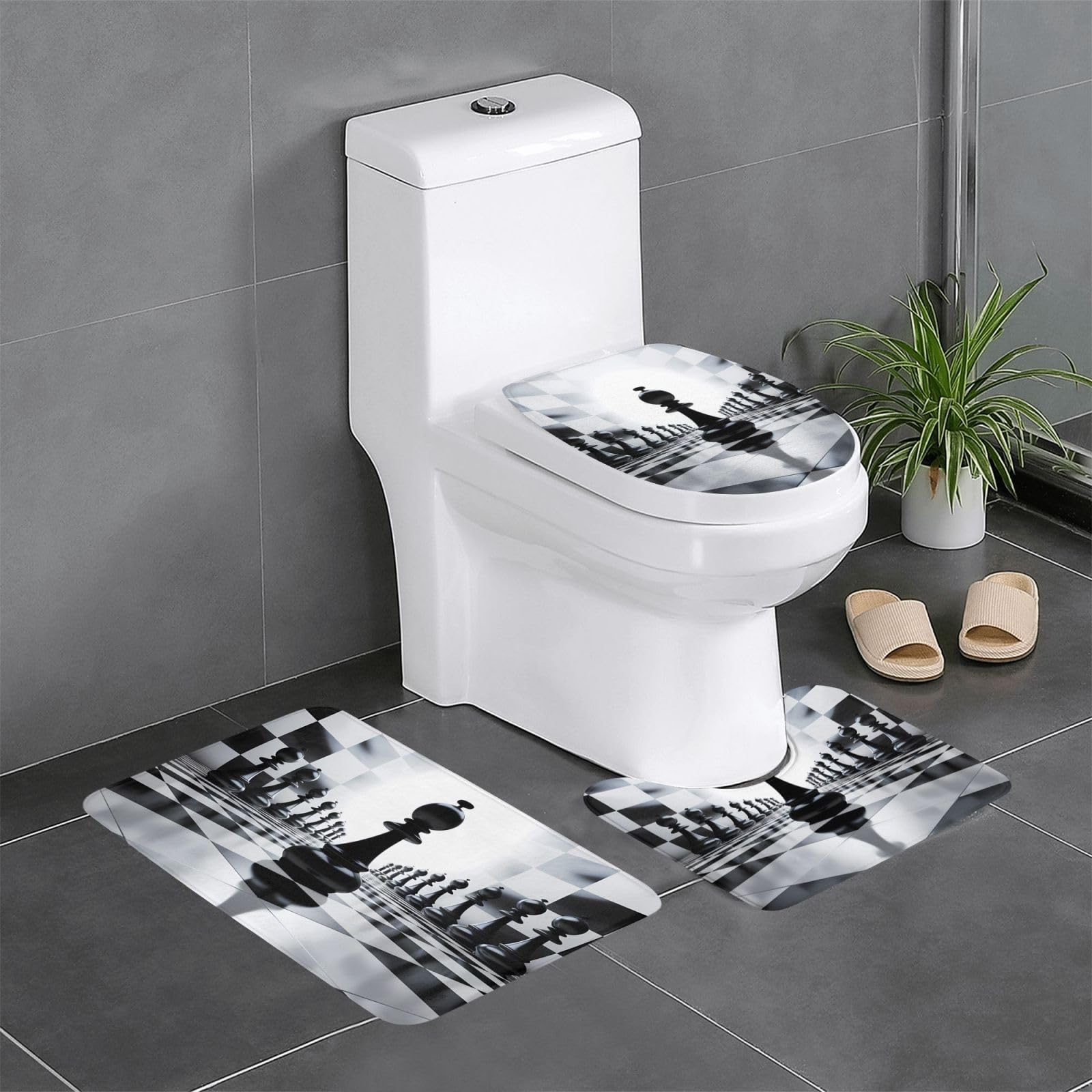 Ensemble tapis de bain antidérapant damier noir et blanc 3 pièces