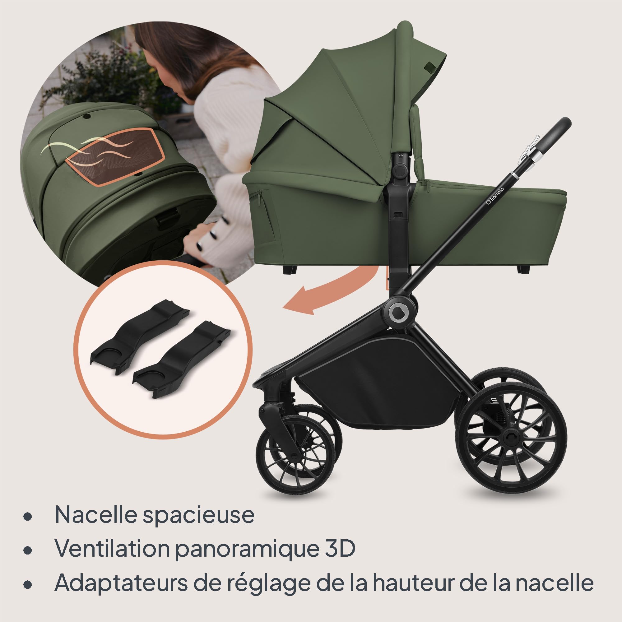 LIONELO MIKA PLUS 2 en 1 Poussette 0 à 48 mois jusqu'à 22 kg Nacelle jusqu'à 9 kg, Réglage du Dossier et du Repose-pied, Coussin, Roues Pivotantes 360° en PU Auvent XXL (Green)