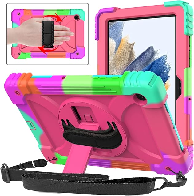 SINSO Samsung Galaxy Tab A8 10.5 2022 Case,Galaxy Tab A8 10.5 Case for Kids,3-Layer Shockproof Case with Swivel Stand/Hand Strap for Samsung Galaxy Tab A8 10.5 Inch 2022 (SM-X200/X205), Pink