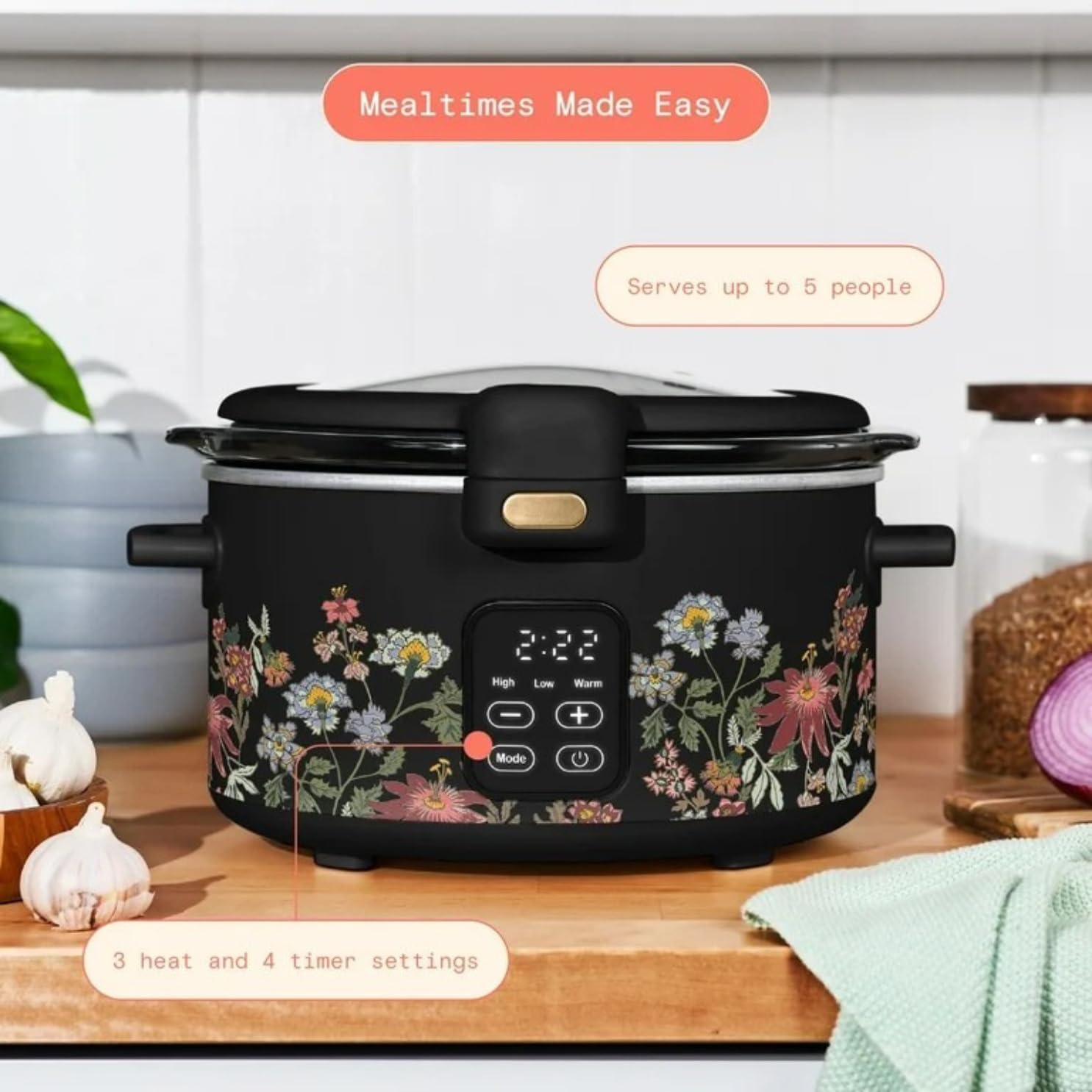 Slow Cooker 4-Quart Programmable Digital Slow Cooker with Touch-Activated Display, Dishwasher-Safe Crock Pot, Digital Timer, Compact Size