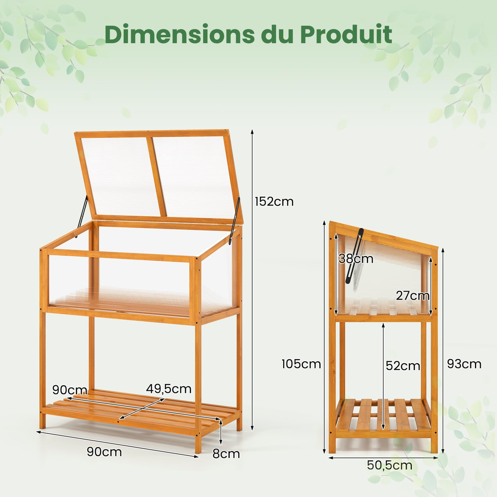 COSTWAY Serre de Jardin en Bois de Sapin, Serre Surélevée Extérieur avec Toit Transparent Ouvrant Étagère de Rangement à Lattes, Gain de Place pour Jardin Véranda Balcon, Orange (90 x 50,5 x 105 cm)
