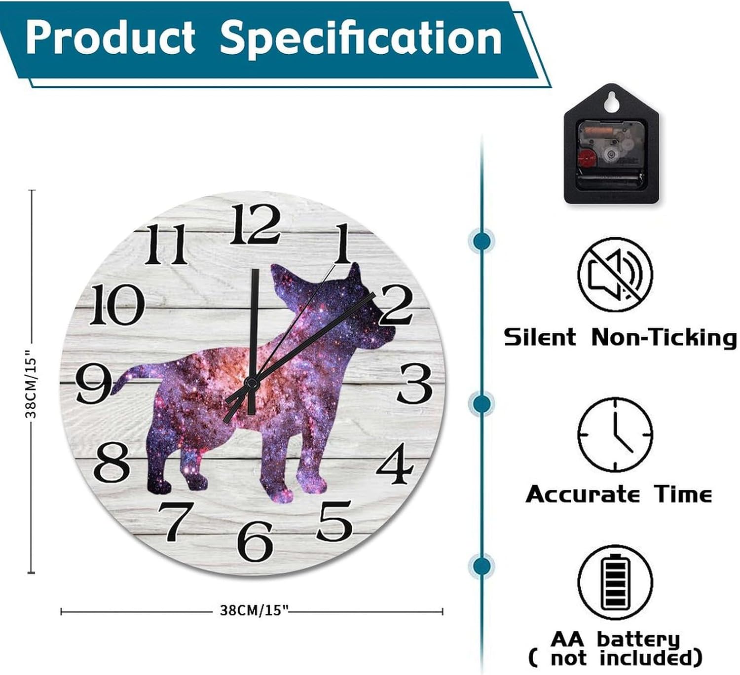 Funny Round Puppy Wooden Clock 15in Starry Sky Silhouette Dog Bull Terrier Silent Non-Ticking Battery Operated Wood Wall Clock for School Classroom Nursery Cafe Bar Pub Home Decor