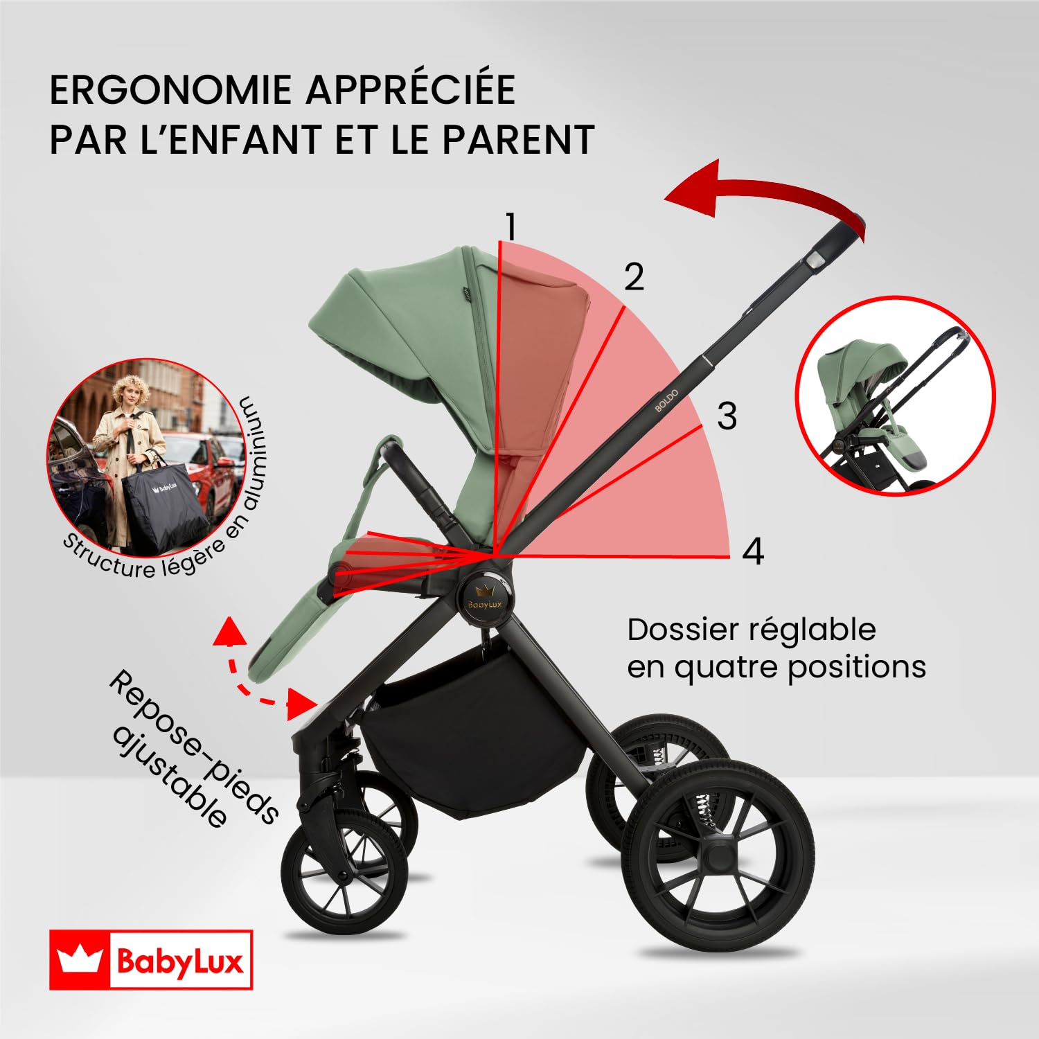 BabyLux® Poussette 2en1 BOLDO, Pliable Set De Poussettes Combinées Légères