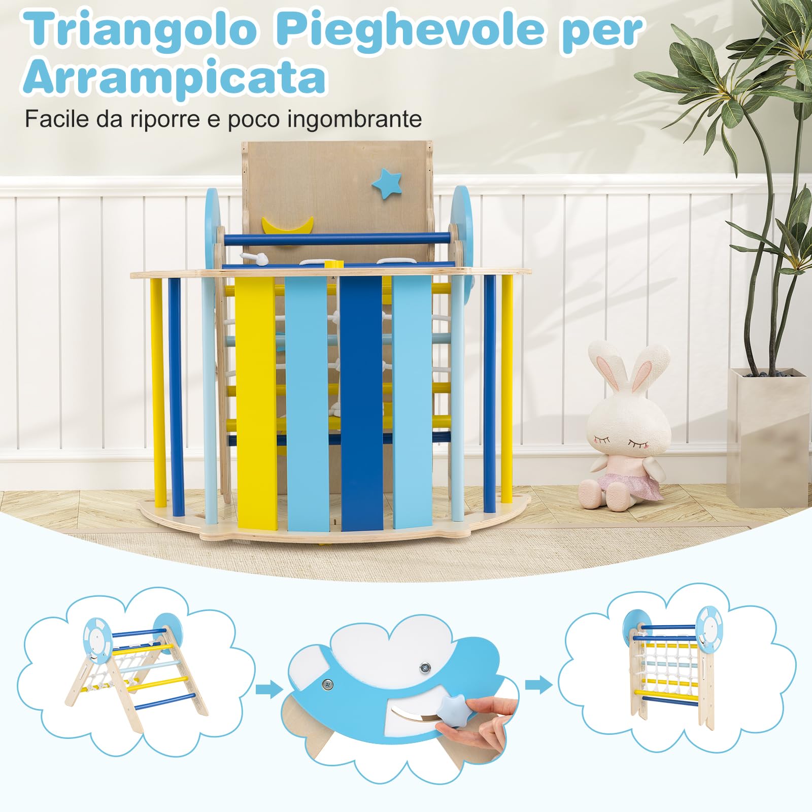 RELAX4LIFE Set da Arrampicata per Bambini, Triangolo di Arrampicata con Scivolo e Arco, Gioco di Incastri in Legno (Marinaio con Rete-3 Pezzi | Macaron)