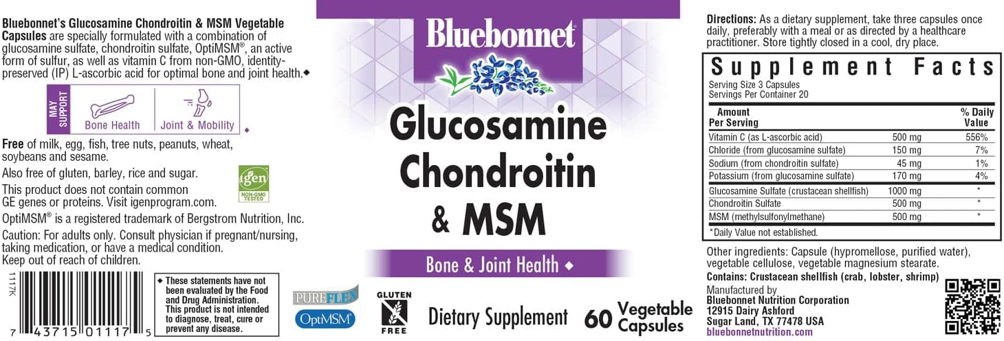 Bluebonnet Nutrition Glucosamine Chondroitin Plus MSM, Glucosamine, Chondroitin Sulfate, Vitamin C & OptiMSM, Bone & Joint Health, Non GMO, Gluten Free, Soy Free, Milk Free, 60 Vegetable Capsules : Health & Household