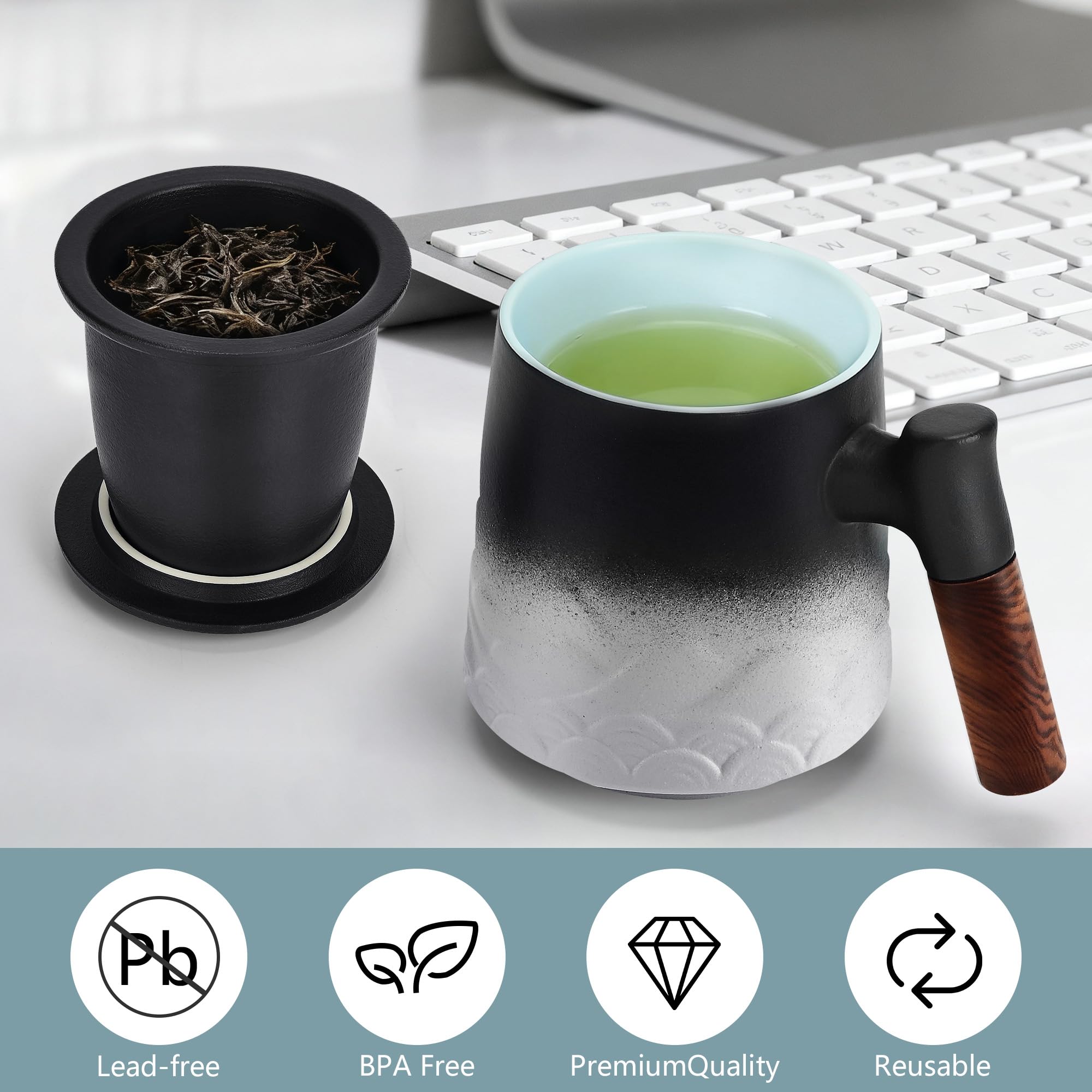 Tazza Tisana con Infusore e Coperchio 500ml, Tazze Ceramica con Filtro per Tisane Manico in Legno Regalo (Bianco)