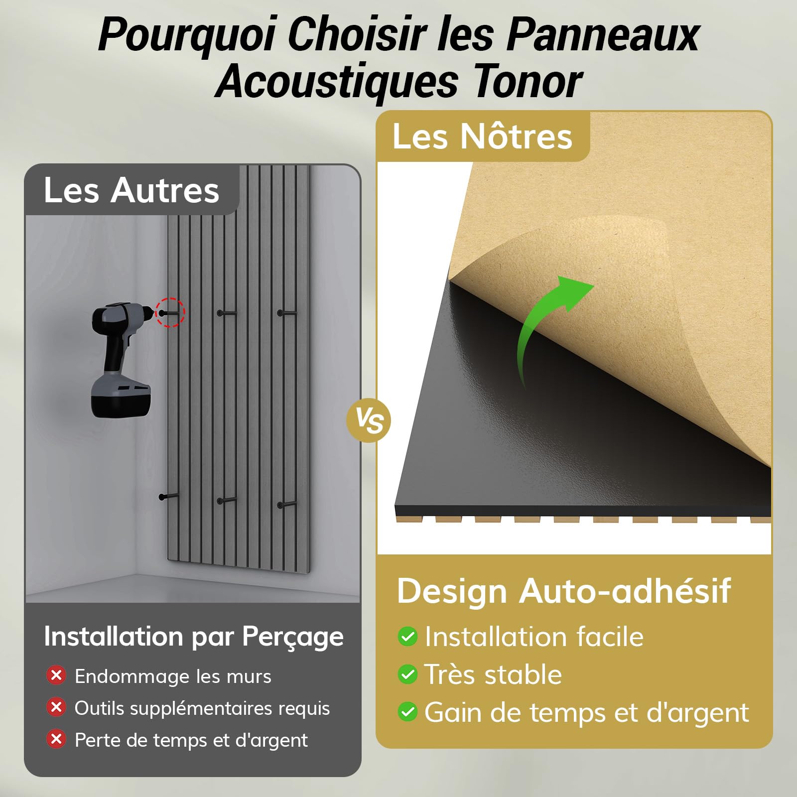 TONOR Lot de 4 Panneau Acoustique en Bambou Pour Murs, 110x52x1,7cm Panneaux Insonorisants à Lattes EntièRement Autocollants, Panneaux Insonorisants pour Murs TV, DéCoration IntéRieure, Maison, Portes
