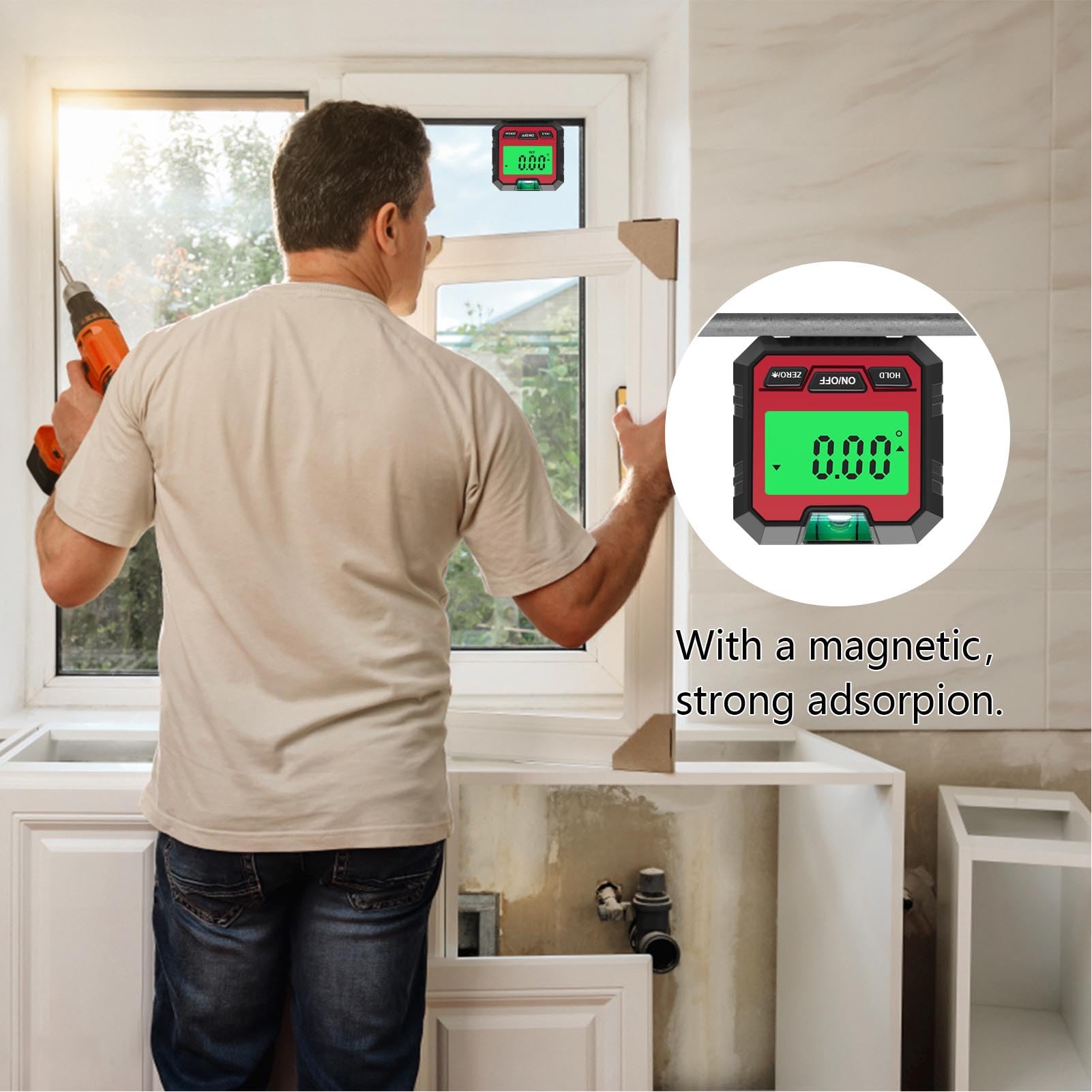 Digital Angle Gauge Protractor, Accurate Measurement Magnetic Base ABS Compact Digital Level Angle Gauge for Woodworking (Red)