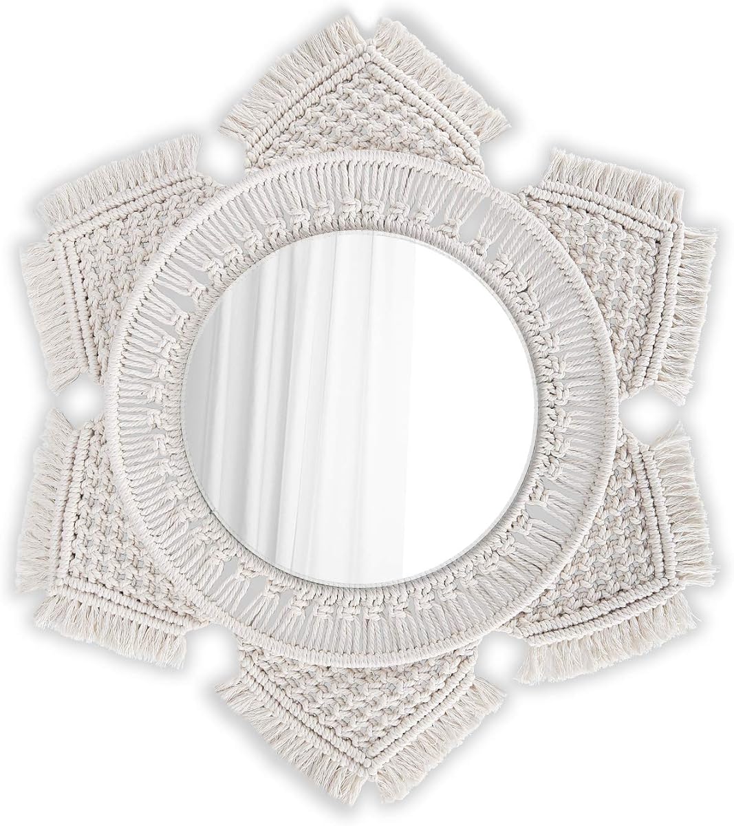 Flexzion Macrame Wall Hanging Mirror, 20 Inch Round Decorative Mirror | Boho Sunburst Wall Decor with Hand-Woven Cotton-Rope Fringe and a 9-Inch Glass Mirror; 20-Inch Overall Diameter