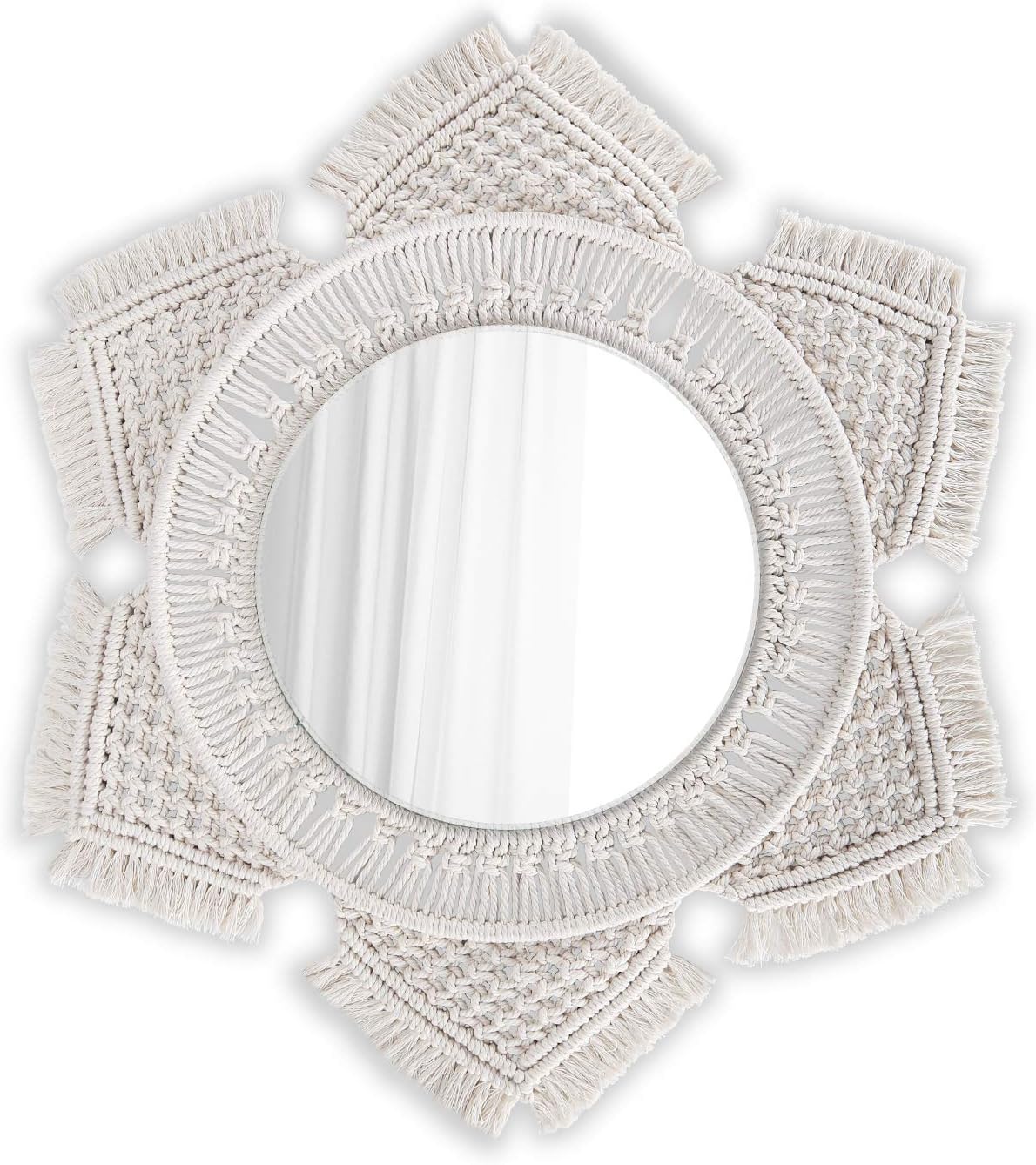 Flexzion Hanging Wall Mirror with Sun Moon Macrame Fringe Round Mirror Sunburst Art Boho Rustic Decor for Wall Mounted Living Room Bedroom Kitchen Baby Nursery Feng Shui Makeup (Cream White)