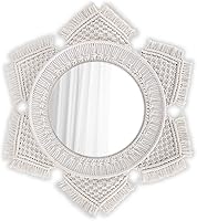 Flexzion Cream White Sun Moon Macrame Round Wall Mirror - Boho Rustic Sunburst Hanging Decor for Living Room Bedroom Nursery
