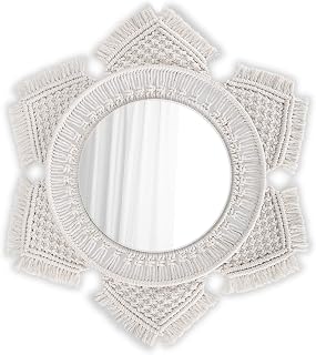Flexzion Cream White Sun Moon Macrame Round Wall Mirror - Boho Rustic Sunburst Hanging Decor for Living Room Bedroom Nursery