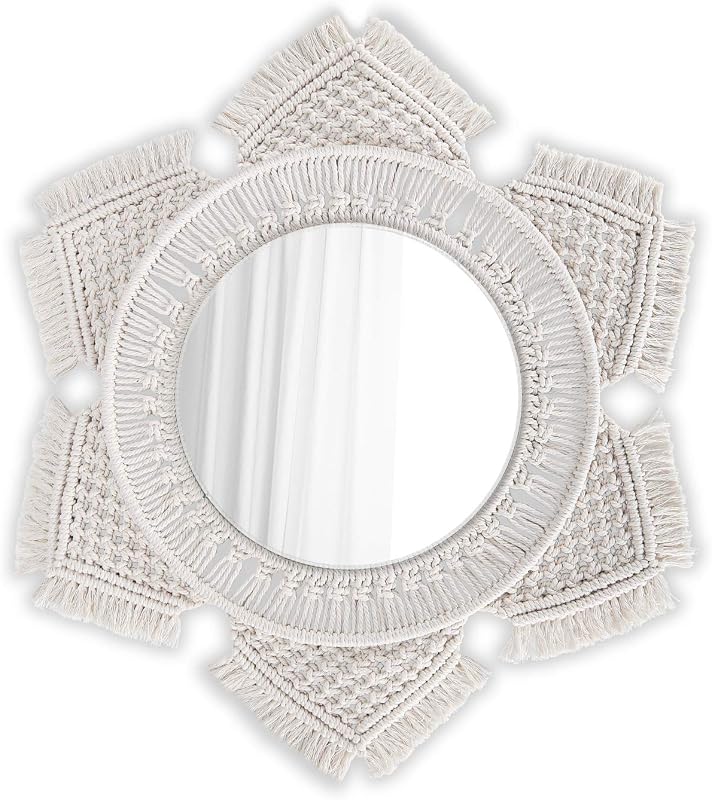 Flexzion Macrame Wall Hanging Mirror, 20 Inch Round Decorative Mirror | Boho Sunburst Wall Decor with Hand-Woven Cotton-Rope Fringe and a 9-Inch Glass Mirror; 20-Inch Overall Diameter